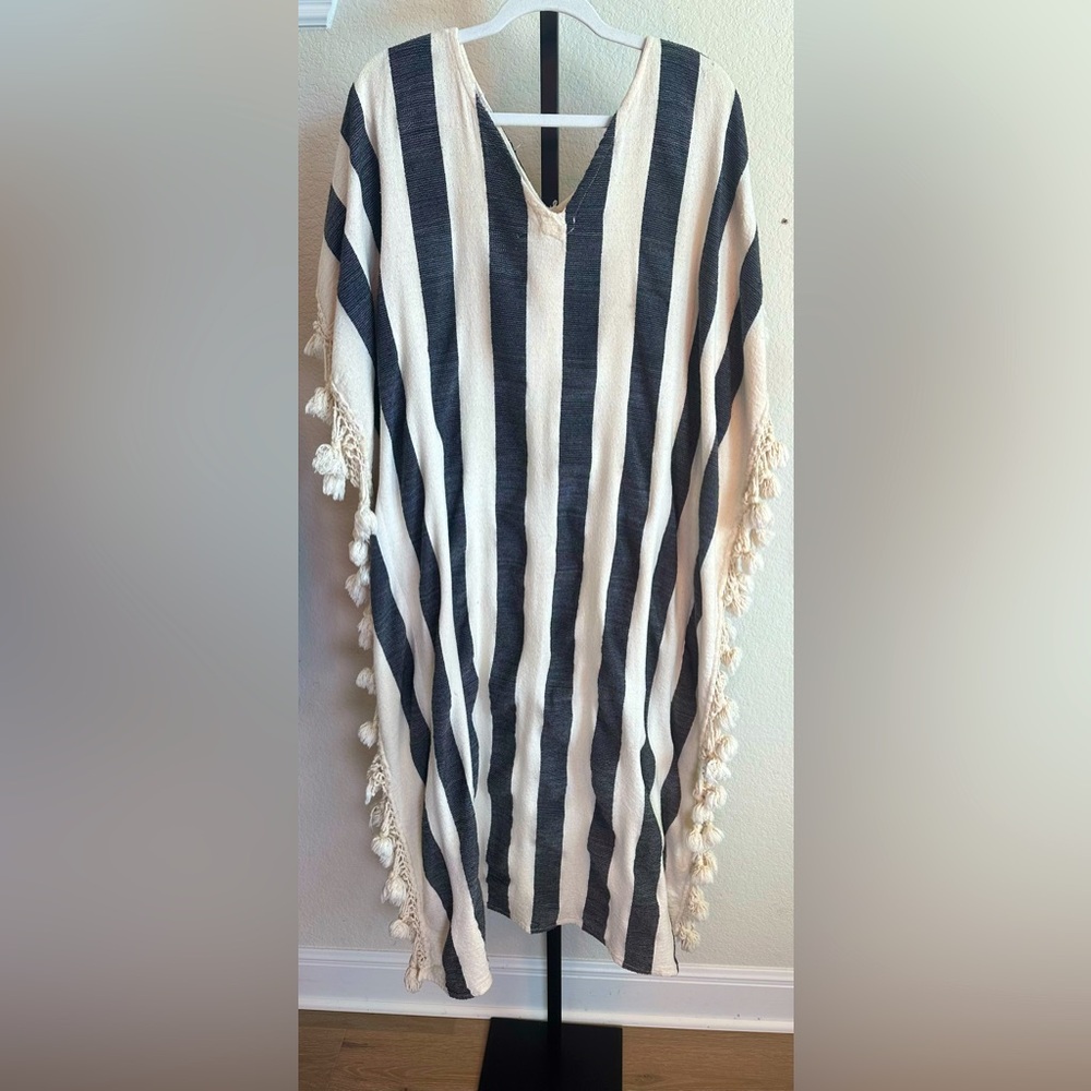 Beach caftan- resort wear O/S- deep navy and cream stripes